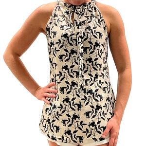 Bashafa Floral Sleeveless Tank Top Women Medium Beige Black Blouse Career Halter